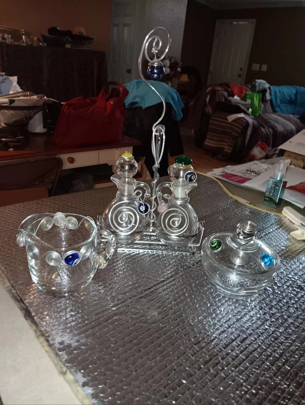 Artisian Crafted Glass Oil And Vinigar Bottles In Stand Wirh Creamer And Sugar